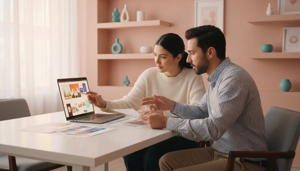 what-to-expect-working-with-web-designer-hero Web designer and small business owner collaborating at desk reviewing website mockups in bright modern office