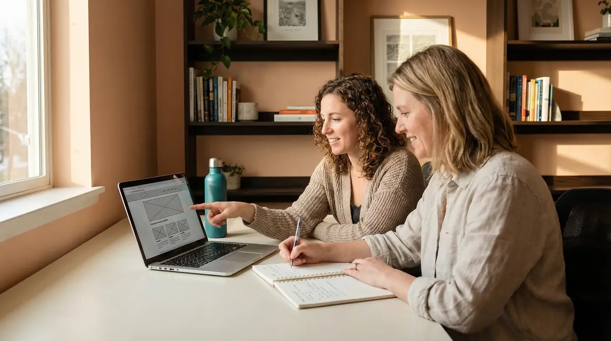 Brisbane small business owner and web designer working together at a warm, light-filled desk reviewing a website strategy