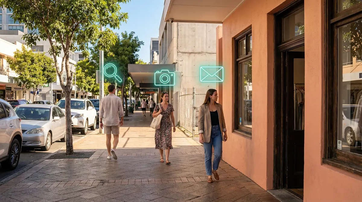 search-social-email-hero Three people at different distances walking toward a small business shopfront, each with a glowing teal icon above them showing the journey from stranger searching to social follower to email subscriber