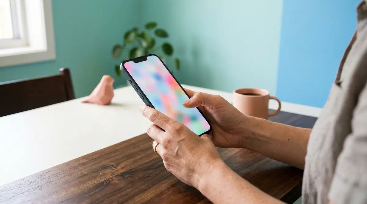 Hands scrolling a smartphone on a dark wood desk in a bright room with teal and blue walls, soft peach mug and decor