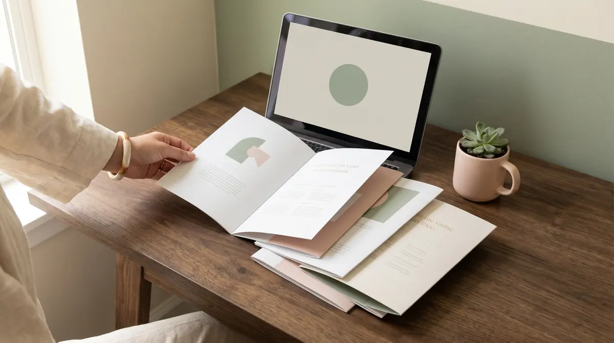 Modern presentation slides and a printed brochure laid out on a desk, showing clean typography and considered layout
