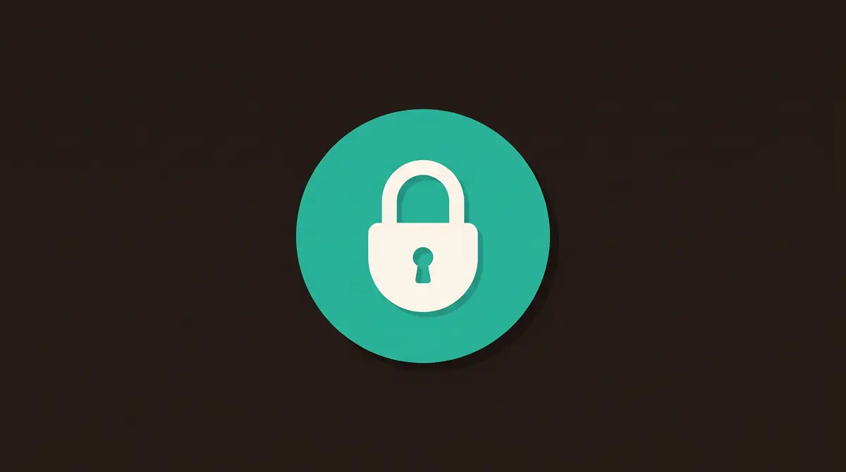 Flat icon illustration of a padlock on a teal circle against a dark brown background, representing website security